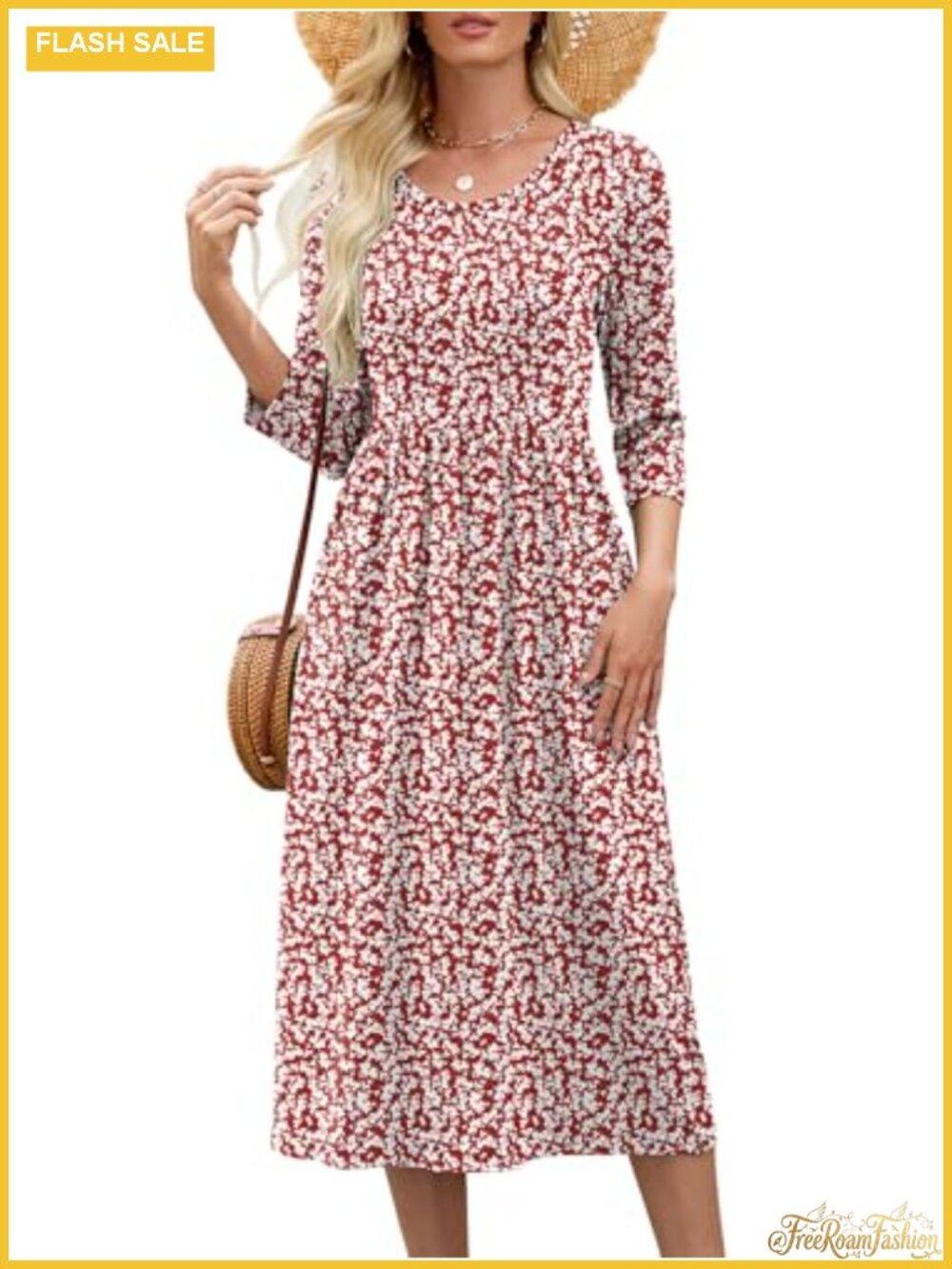 Women's 3/4 Sleeve Midi Dress with Pockets Casual A-Line Swing